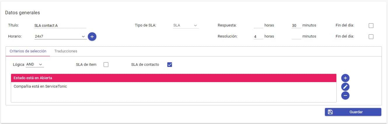 Configuración SLA contacto Configuración SLA contacto