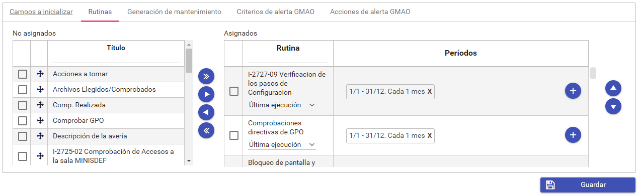 Configuración de las rutinas