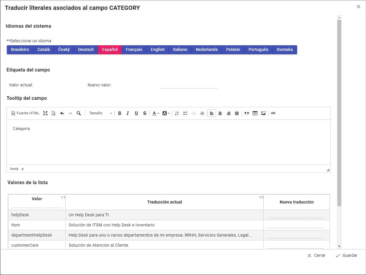 service desk multi idioma y traduccion de campos